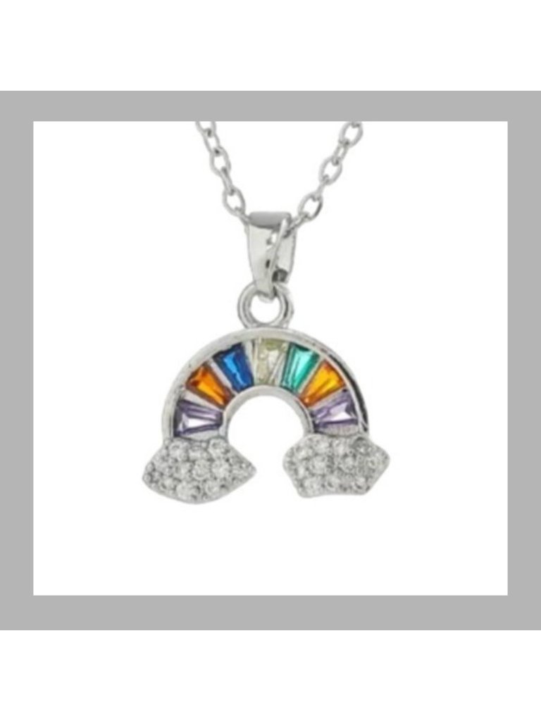 Rainbow Necklace Pendant Colorful Crystals Silver Tone